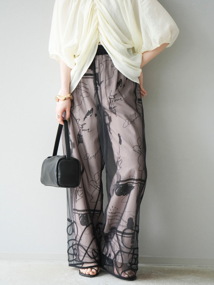 [SET]コード刺繍チュールレイヤードパンツ+ペイント柄タックパンツ(2set)