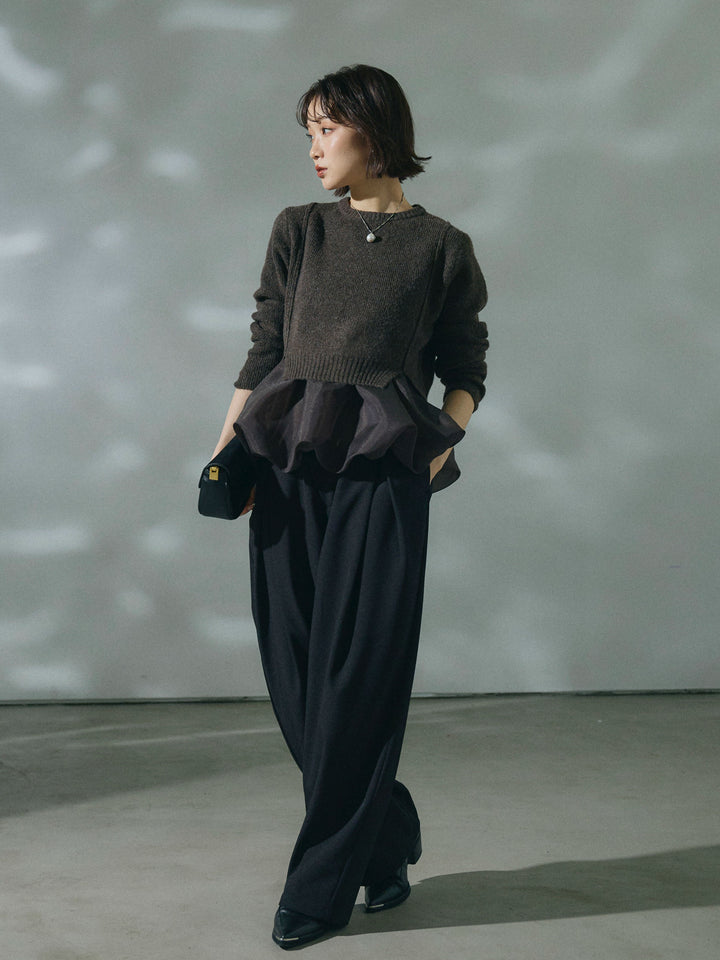 【Allure】[SET]オーガンジーバルーンキャミアンサンブルニット+アシンメトリーウエストタックパンツ(2set)