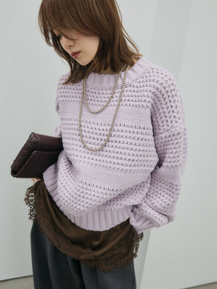 [予約]ライン編みニットプルオーバー/purple