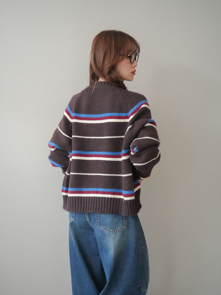 [SET]ランダムボーダーニットカーディガン+デザインステッチカーブデニムパンツ(2set)