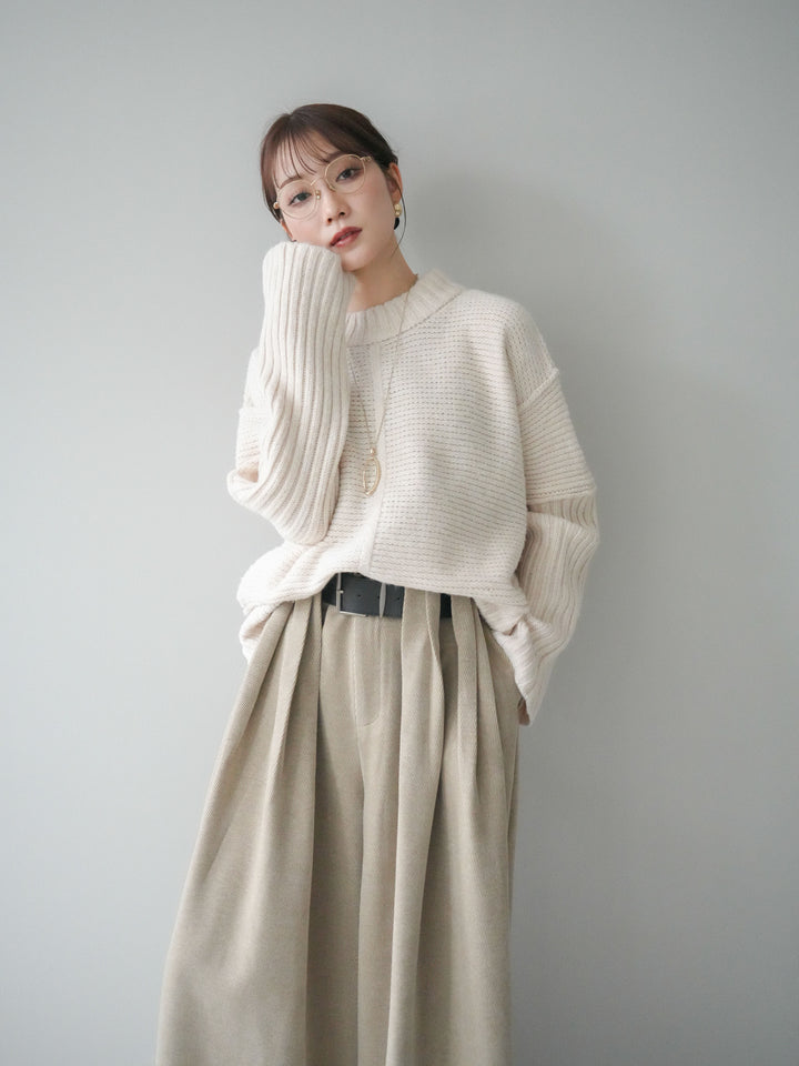 [SET]編み地切替ボトルネックニットプルオーバー+ベルトデザインループコールテンワイドパンツ(ベルト付き)(2set)