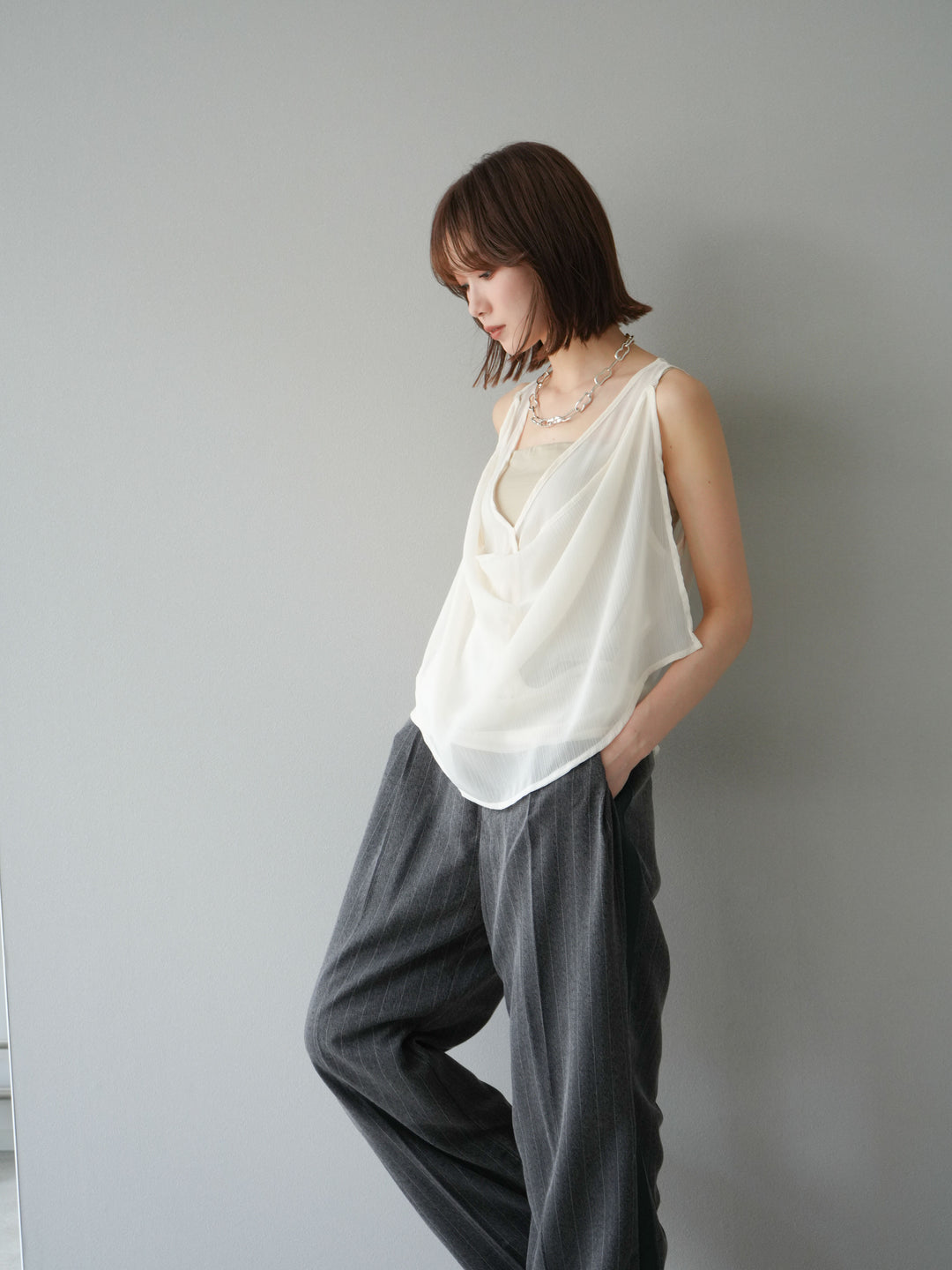 [予約]サイドラインストライプワイドパンツ/チャコール