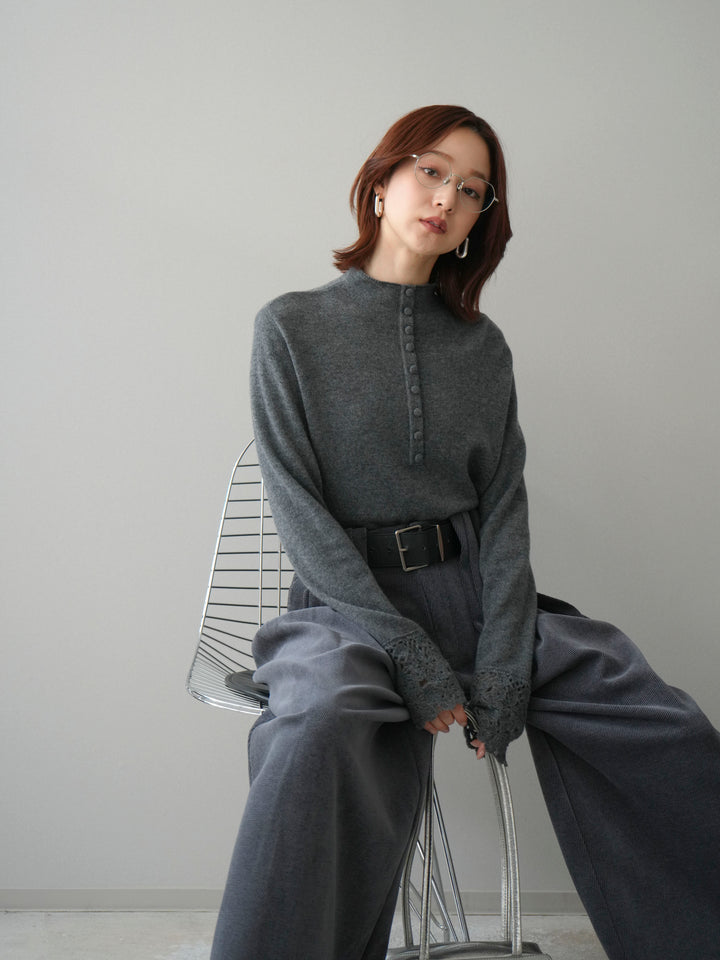 [SET]袖スカラップレースフロントボタンウールニットトップス+ベルトデザインループコールテンワイドパンツ(ベルト付き)(2set)