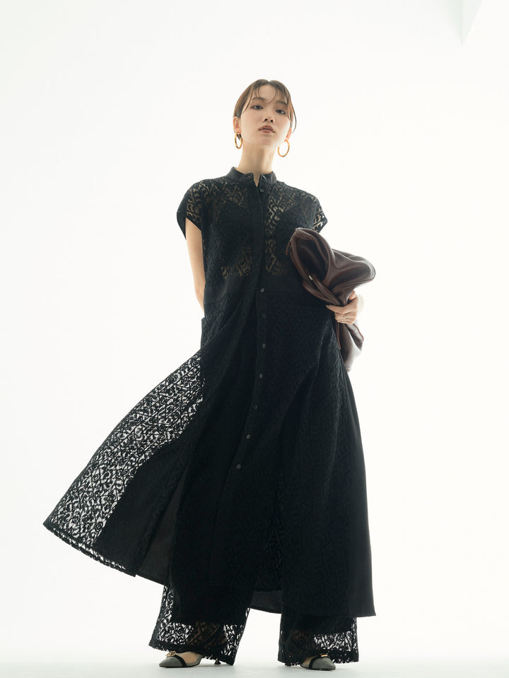 [予約]レースサテン切替ワンピース/ブラック