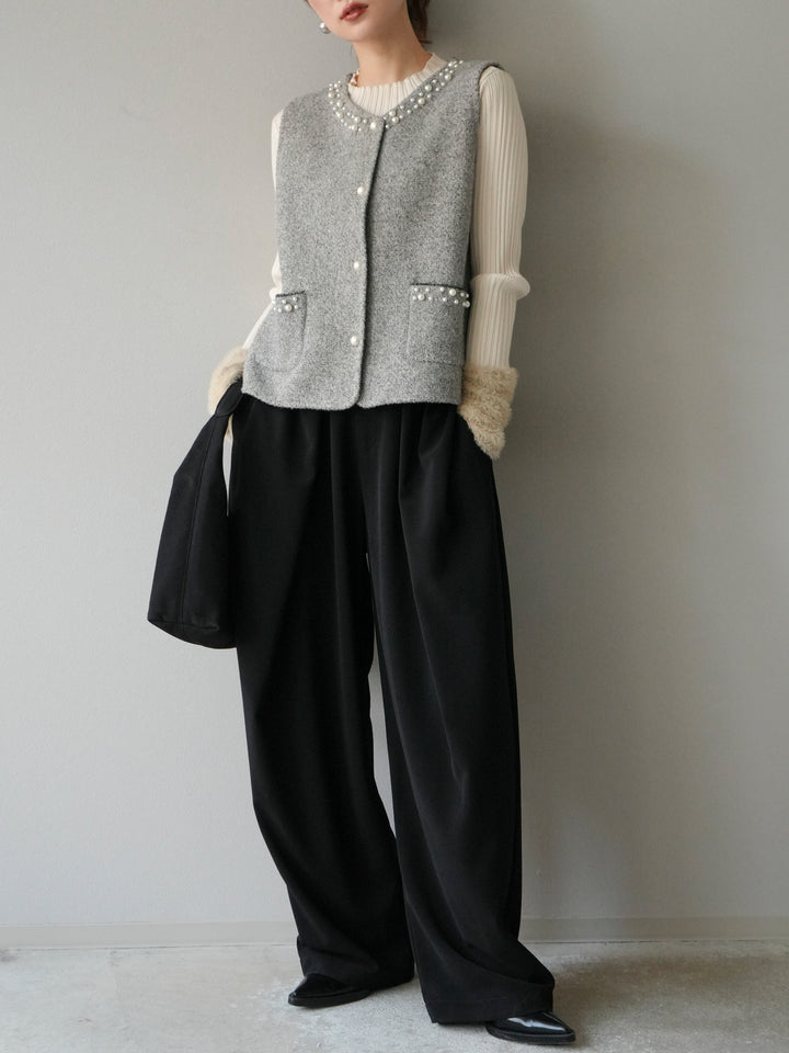 [予約]パールデザインツイードライクニットベスト/グレー