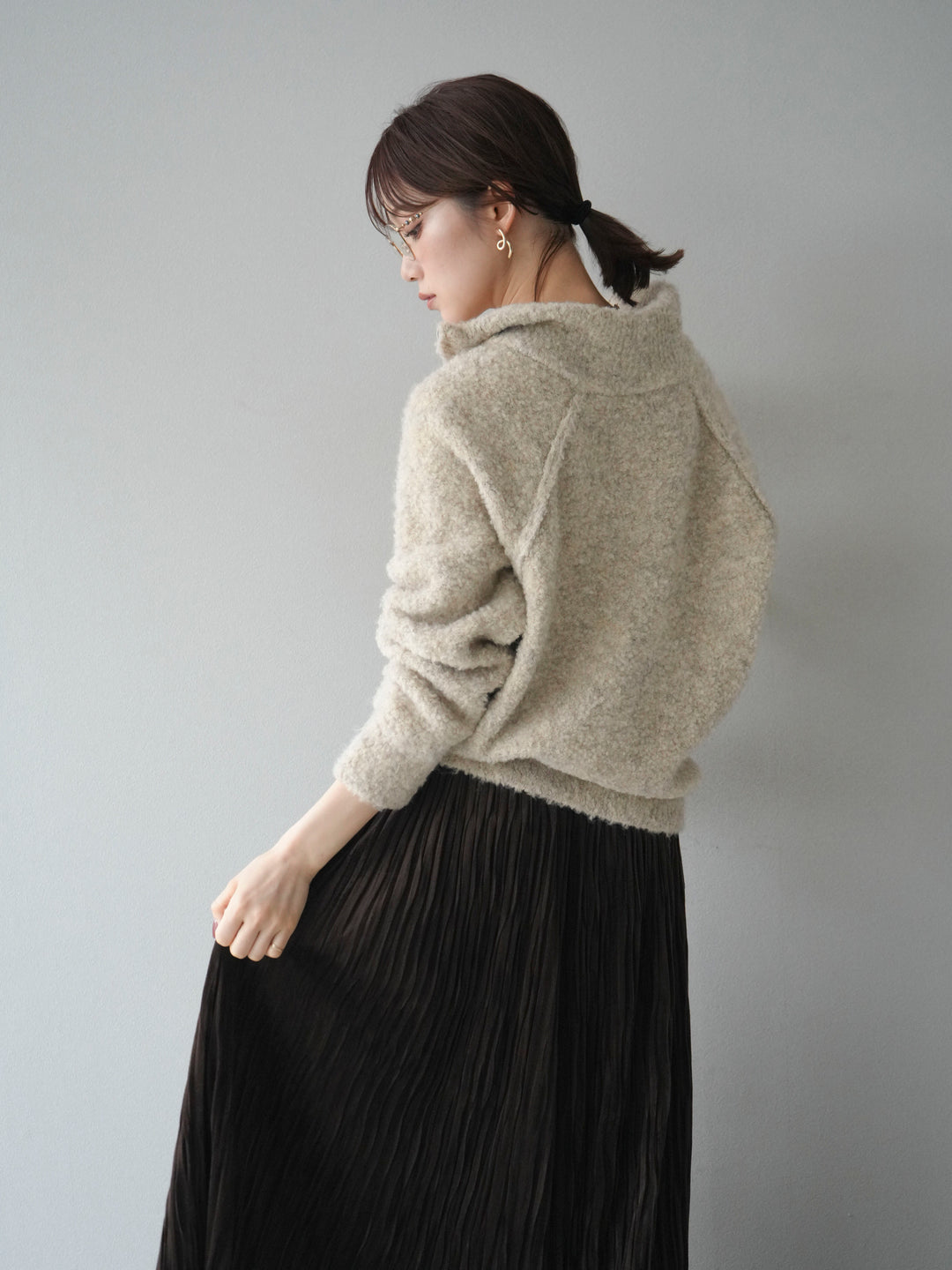 [予約]スタンドジップMIXブークレニットプルオーバー/beige