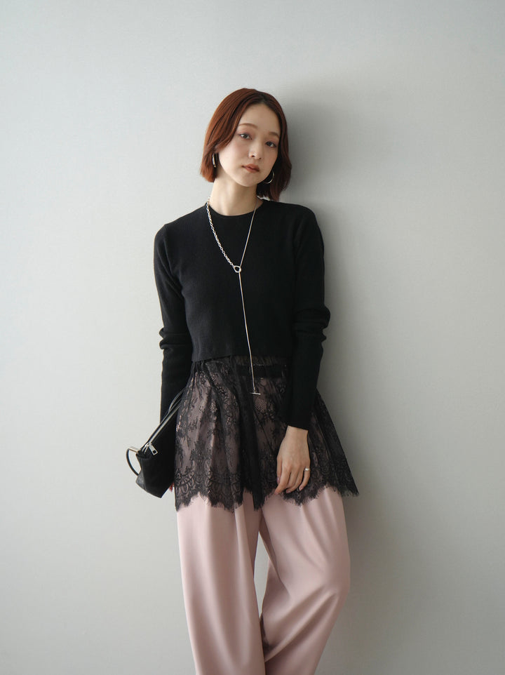 [SET]クルーネックレースドッキングリブニットトップス+ベルト付キーホルダーモチーフワイドパンツ(2set)