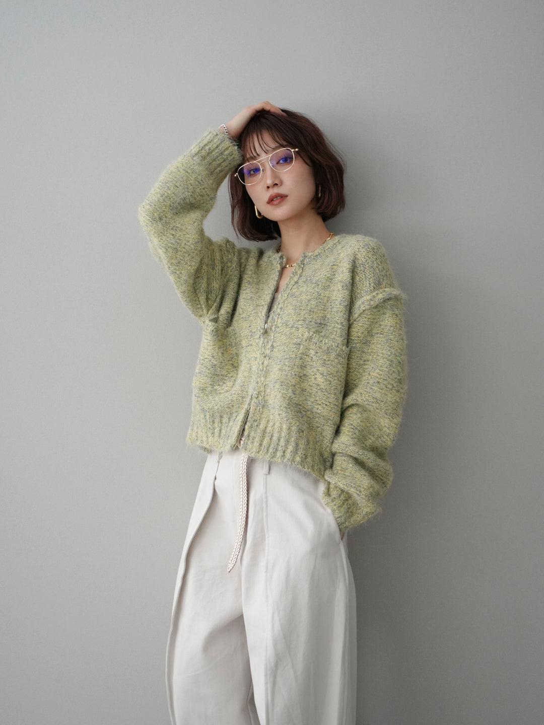 [予約]ミックスヤーンダブルZIPニットカーディガン/greenyellow