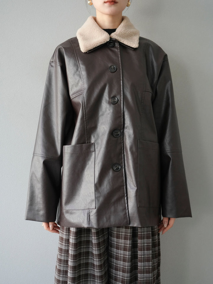 [予約]襟ボアレザーブルゾン/ブラウン