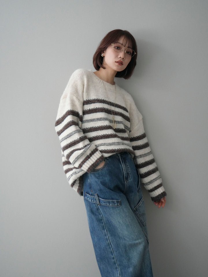 [SET]ステッチボーダーニットプルオーバー+ペインターカーブデニムパンツ(2set)