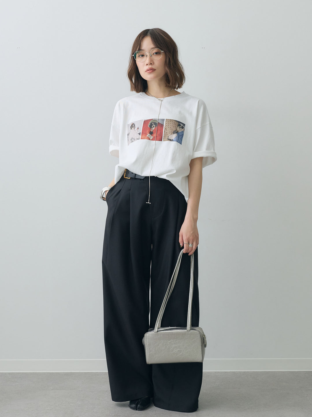 [SET]スリードッグフォトボックスTEE+アシンメトリーベルトタックワイドパンツ(2set)