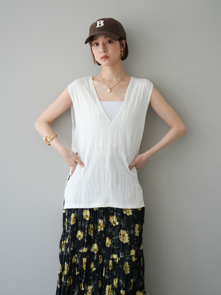 [SET]ウェーブパイピングVネックベスト+フラワーワッシャーロングスカート(2set)