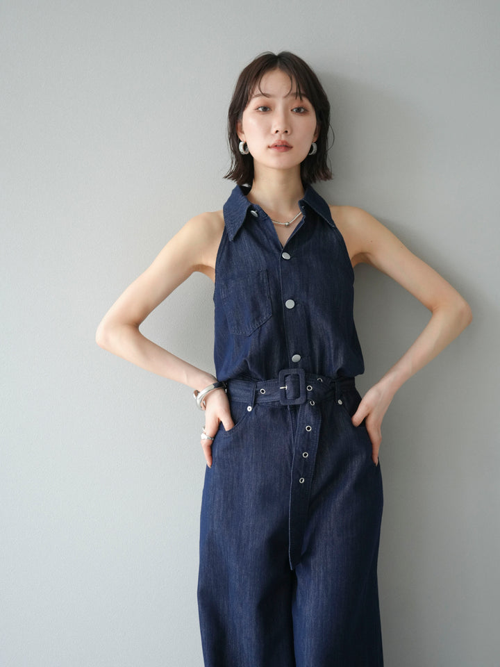 【預購】翻領牛仔連身衣/深藍色