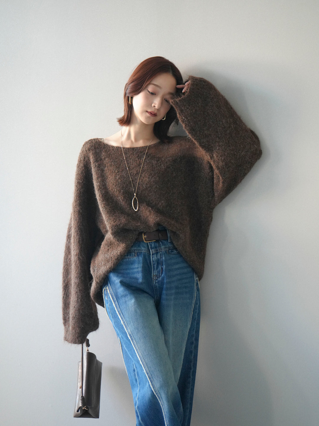 [予約]透かしデザインニットプルオーバー/brown