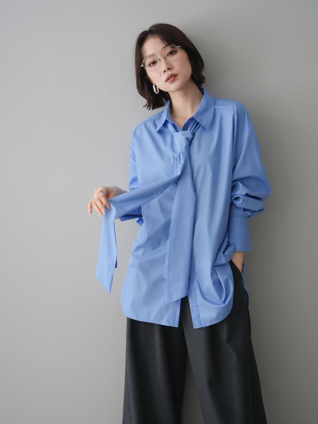 [予約]ボウタイ付オーバーシャツ/blue