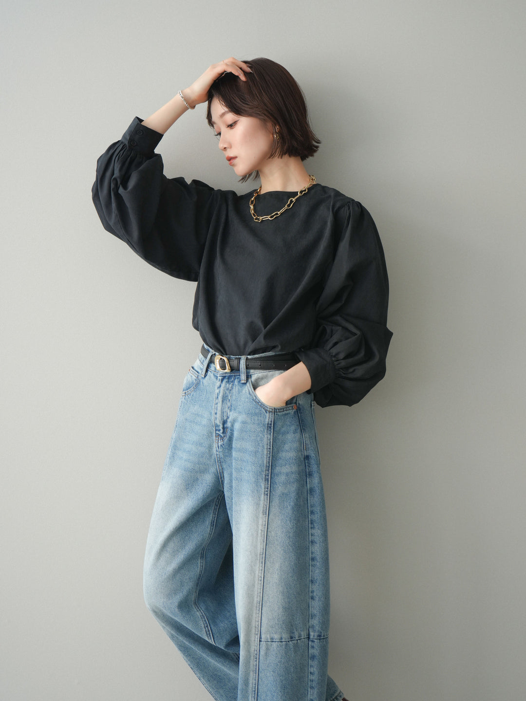 [予約]2WAYピーチスキンボリュームスリーブブラウス/black