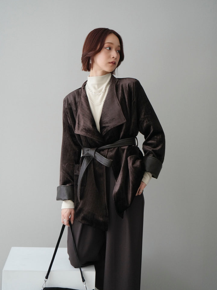 【套裝】絲絨禮服外套+小領墊肩磨毛上衣+腰帶環設計闊腿褲（三件套）