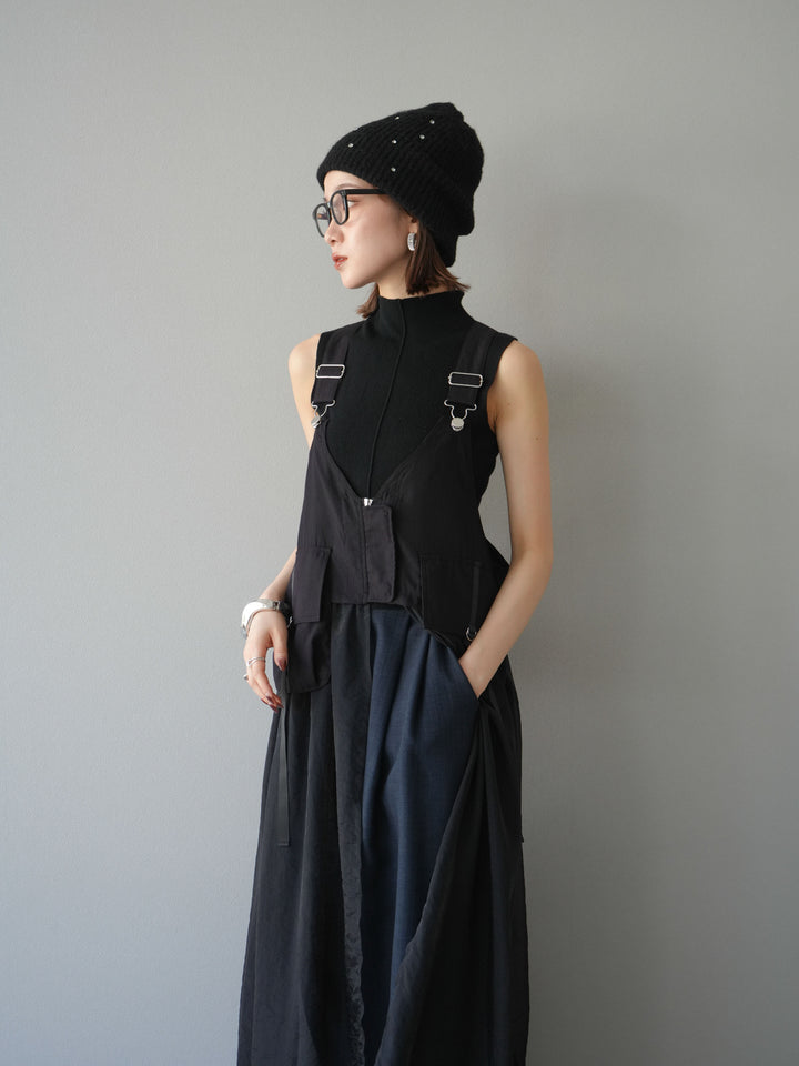 [SET] 戰術背心歐根紗洋裝 + 麻質寬鬆寬褲 (2 件套)