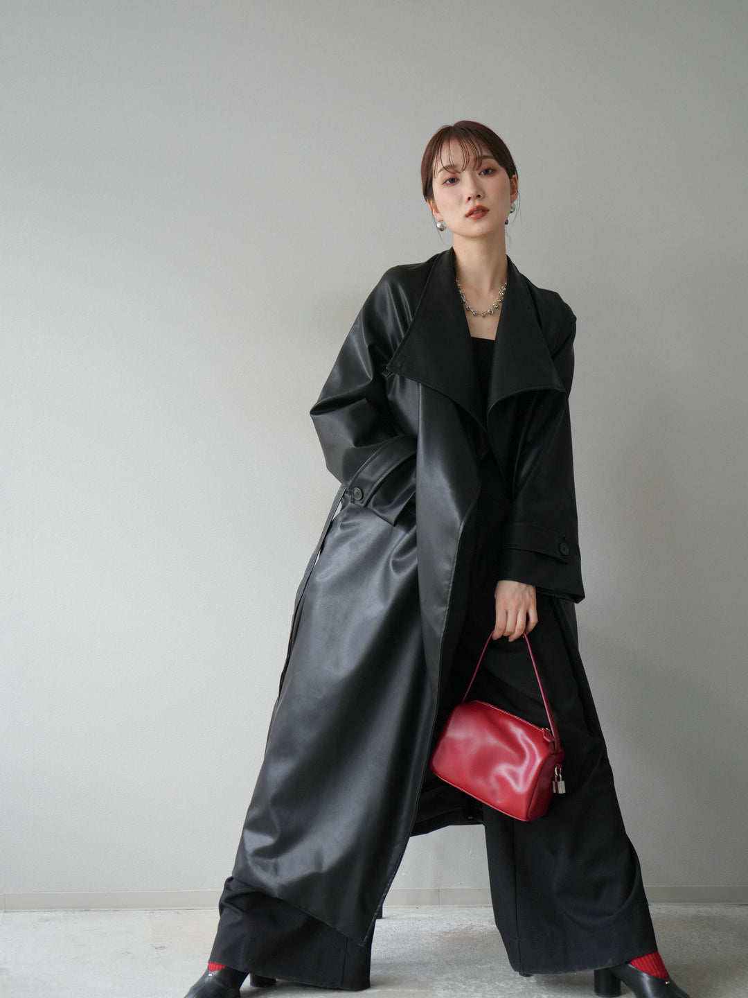 [予約]BIGカラーレザーロングコート/ブラック