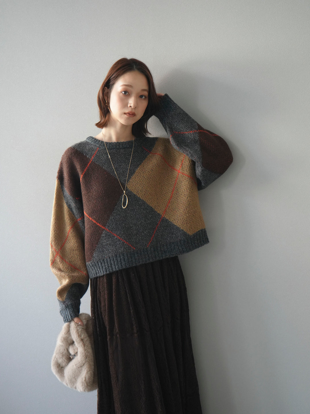 [SET]配色ステッチアーガイル柄ニットプルオーバー+ヴィンテージライクメッシュレーススカート(2set)