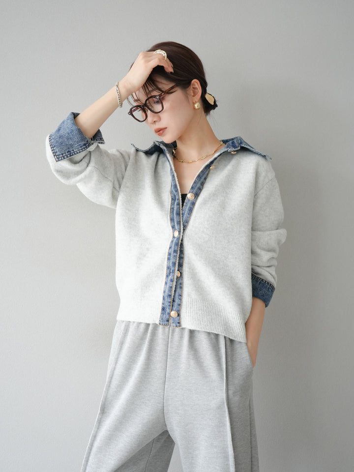 【着回しセット】[SET]デニム襟ボタンニットカーディガン+デニム襟ボタンニットカーディガン+2WAYデザインスウェットパンツ(3set)