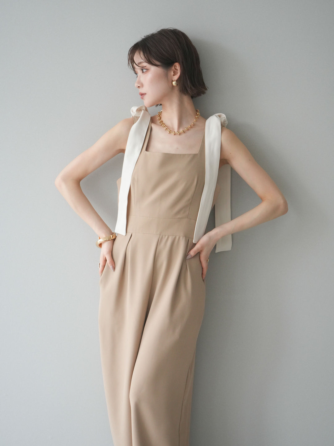 [予約]ショルダーリボンサロペット/beige