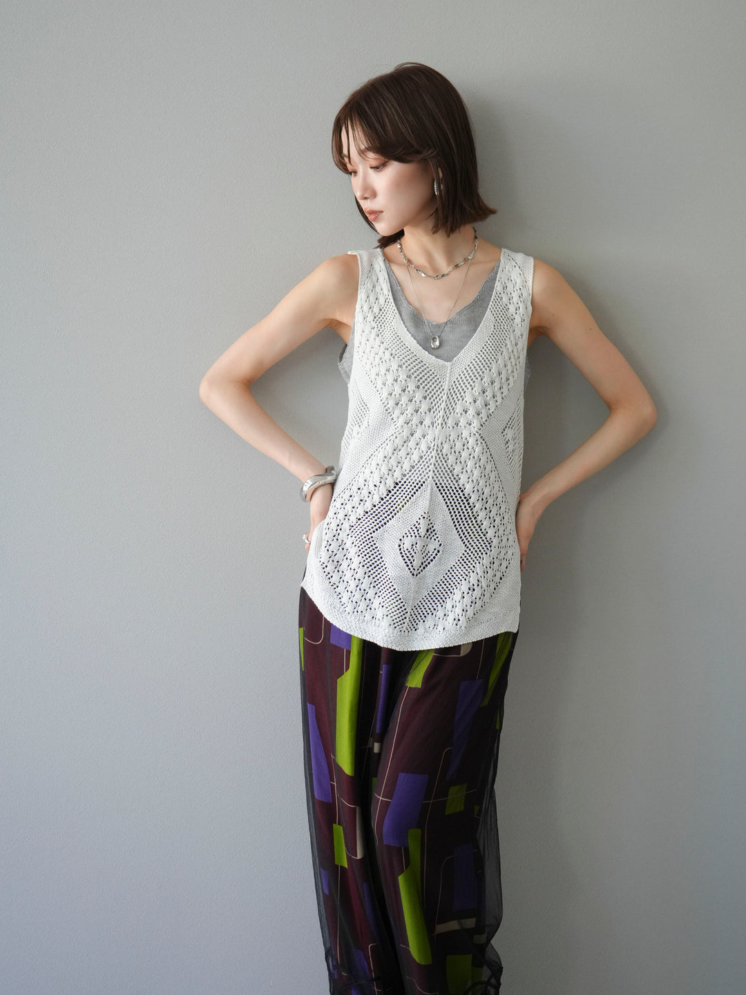 [予約]透かし編みレイヤードニットトップス/ホワイト