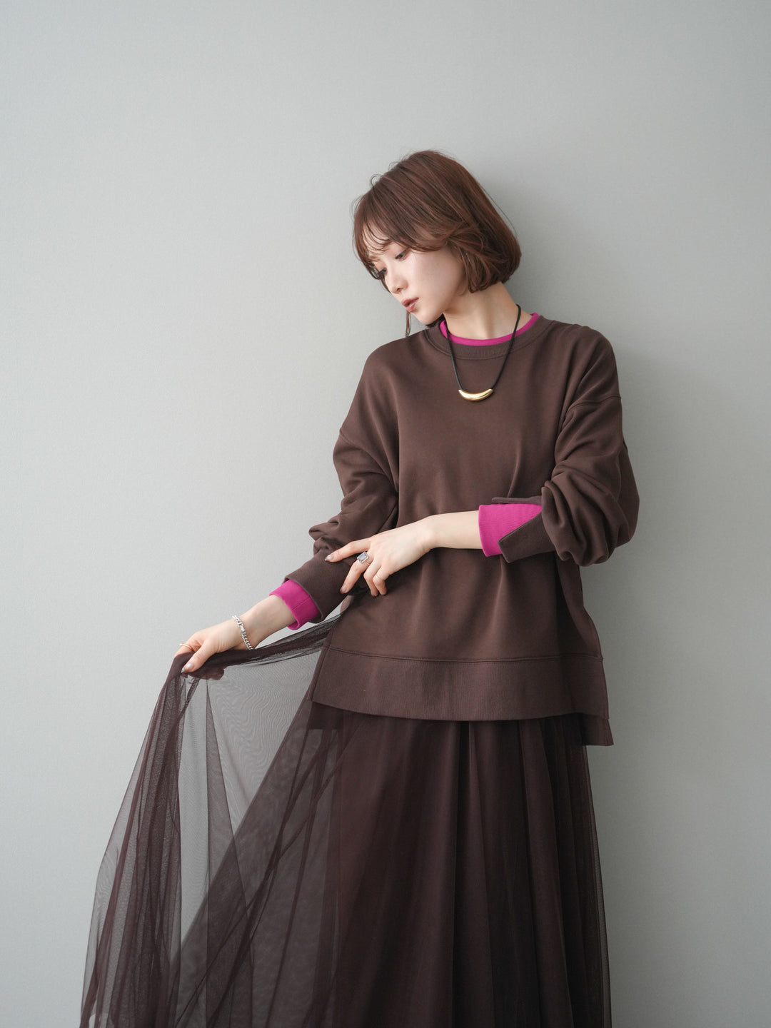 [SET]配色レイヤードデザインスエットプルオーバー+チュールボリュームスカート(2set)