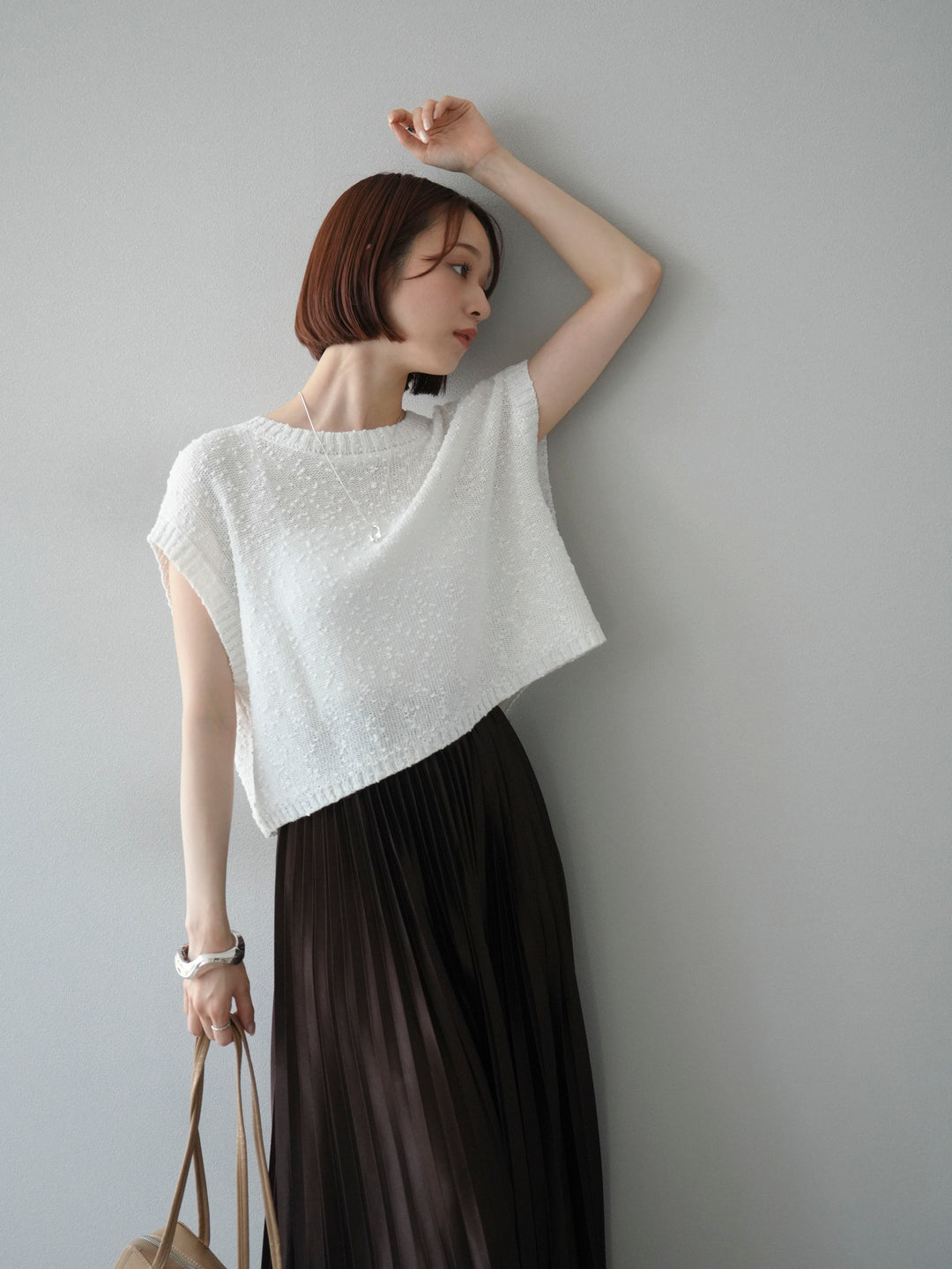 [SET]ネップヤーンクロップドニットベスト+サテンプリーツマキシスカート(2set)