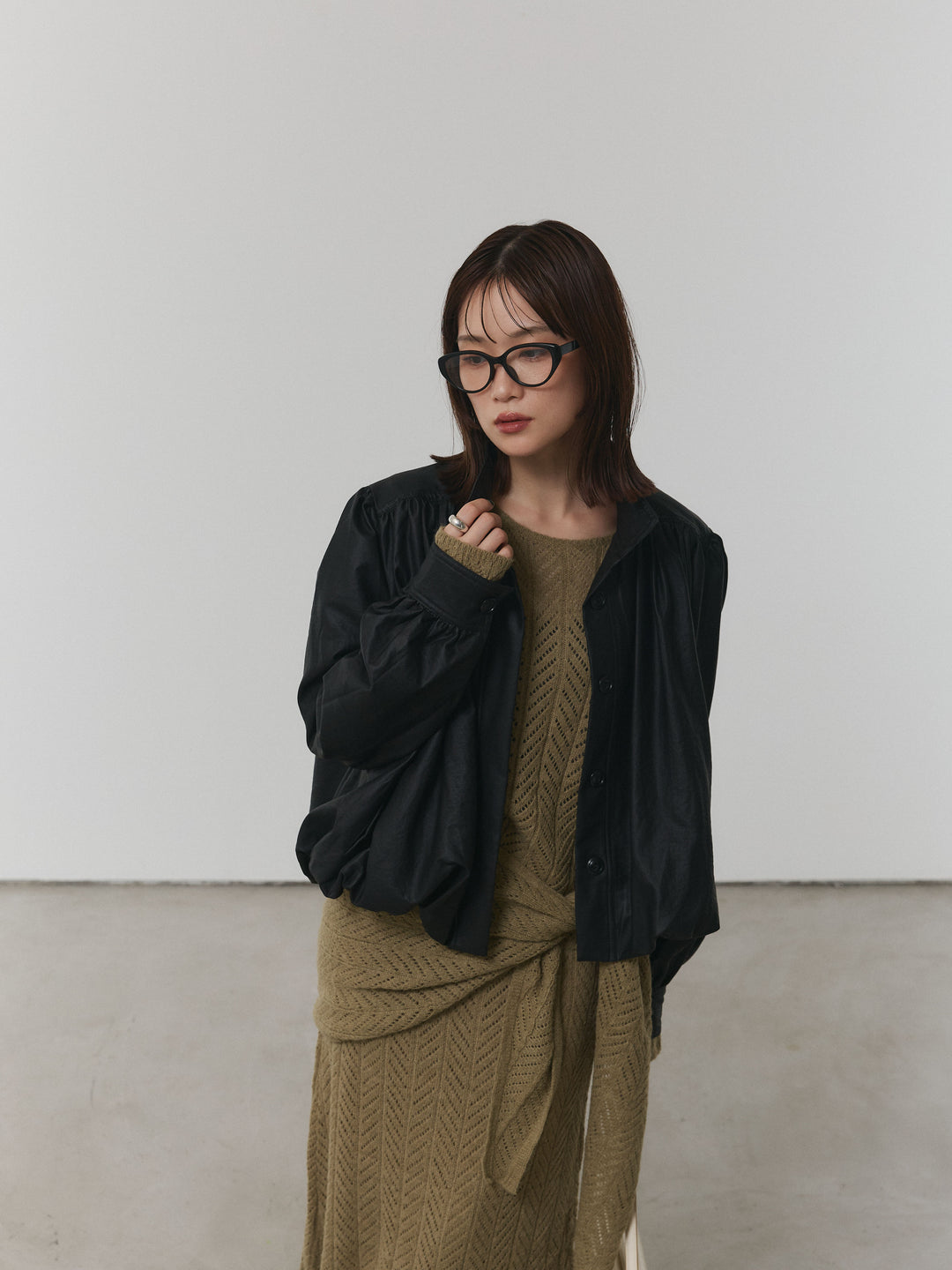 【Allure】[SET]透かし編みニットトップス＆スカート3SET+ベルト付バルーンレザーブルゾン(2set)