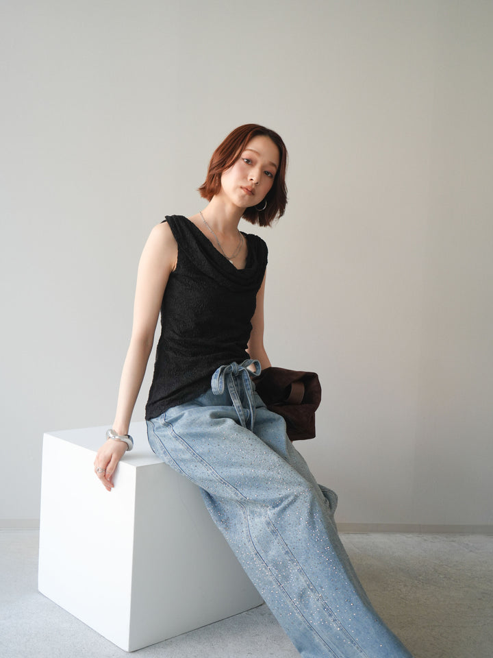 [予約]レースドレープネックアシメトップス/black