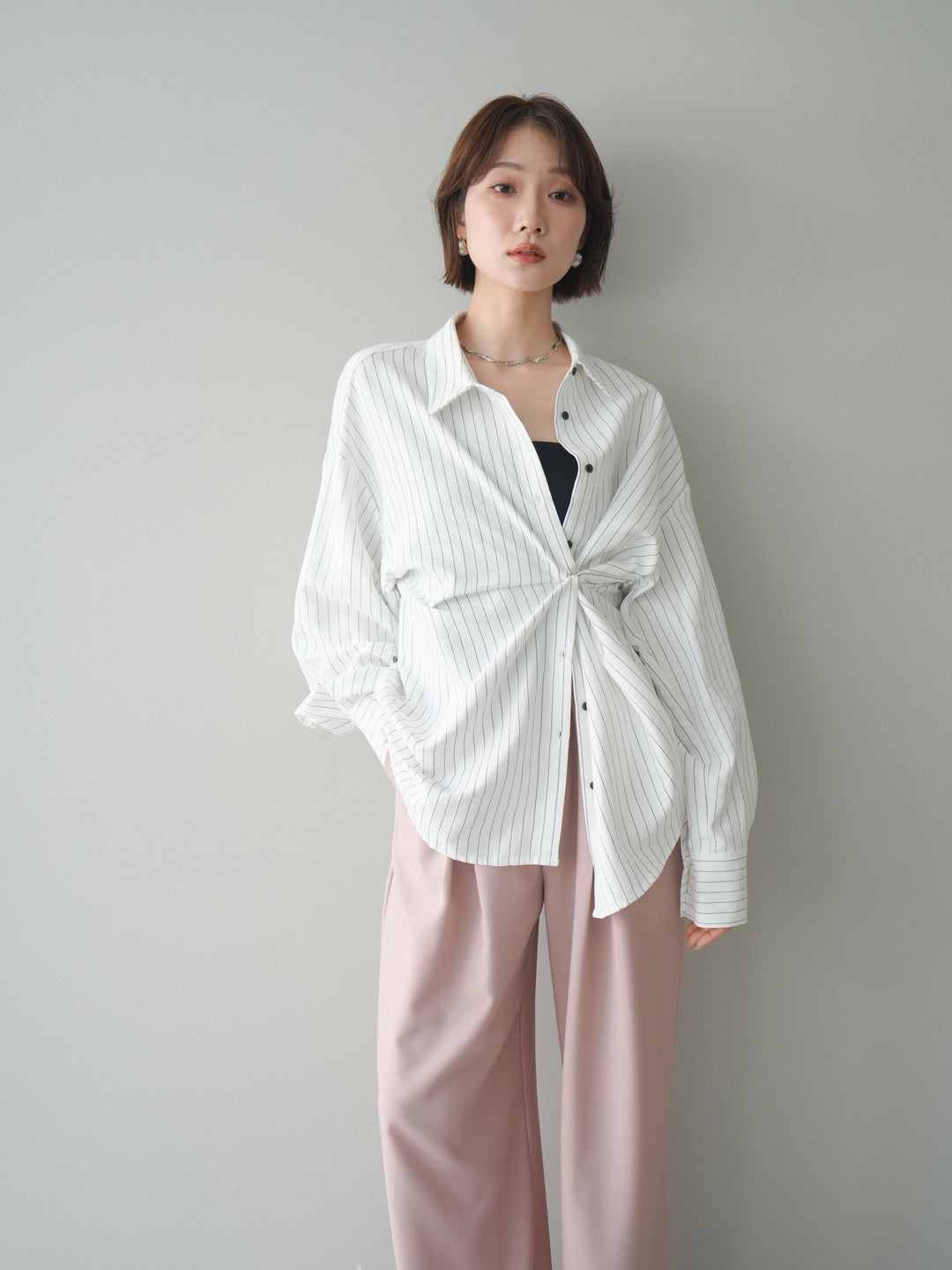 [SET]2WAYカシュクールストライプブラウス+ベルト付キーホルダーモチーフワイドパンツ(2set)