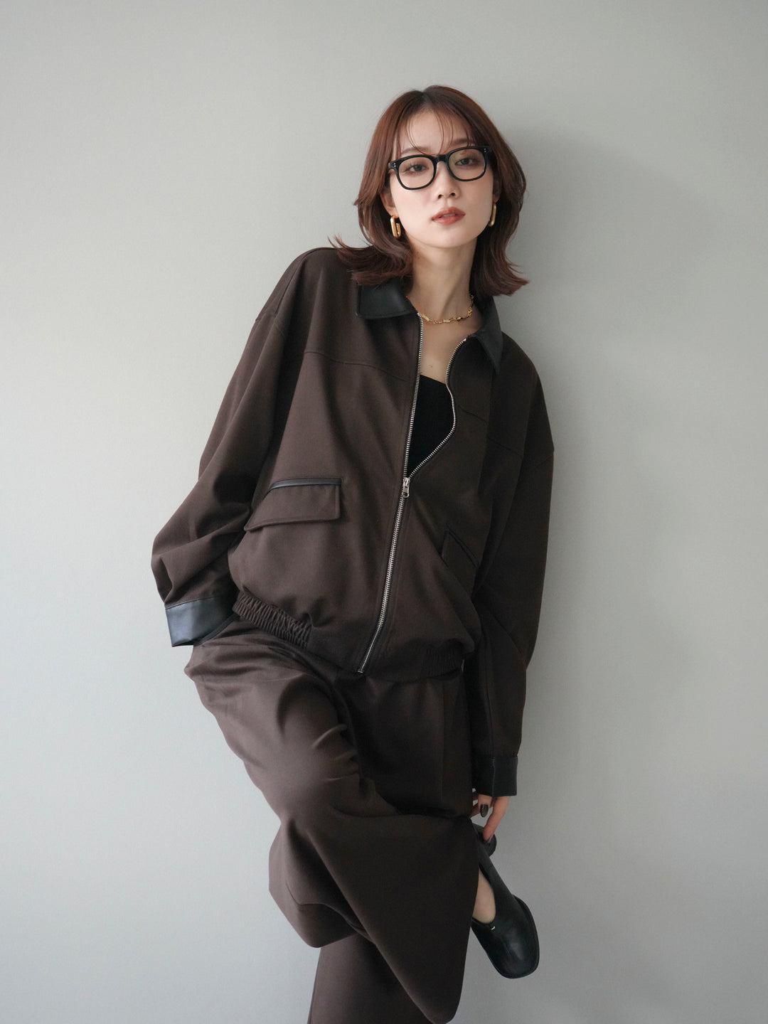 [予約]レザー襟配色パイピングブルゾン/brown