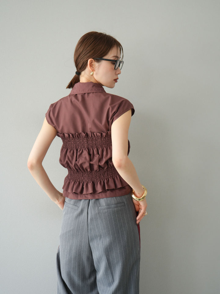 [予約]ブロードシャーリングビスチェ＆ノースリブラウスSET /ブラウン