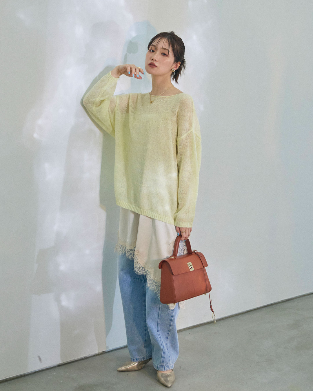 【Allure】[SET]モヘアタッチ透かし編みボートネックニットプルオーバー+アシメカーブデニムパンツ(2set)