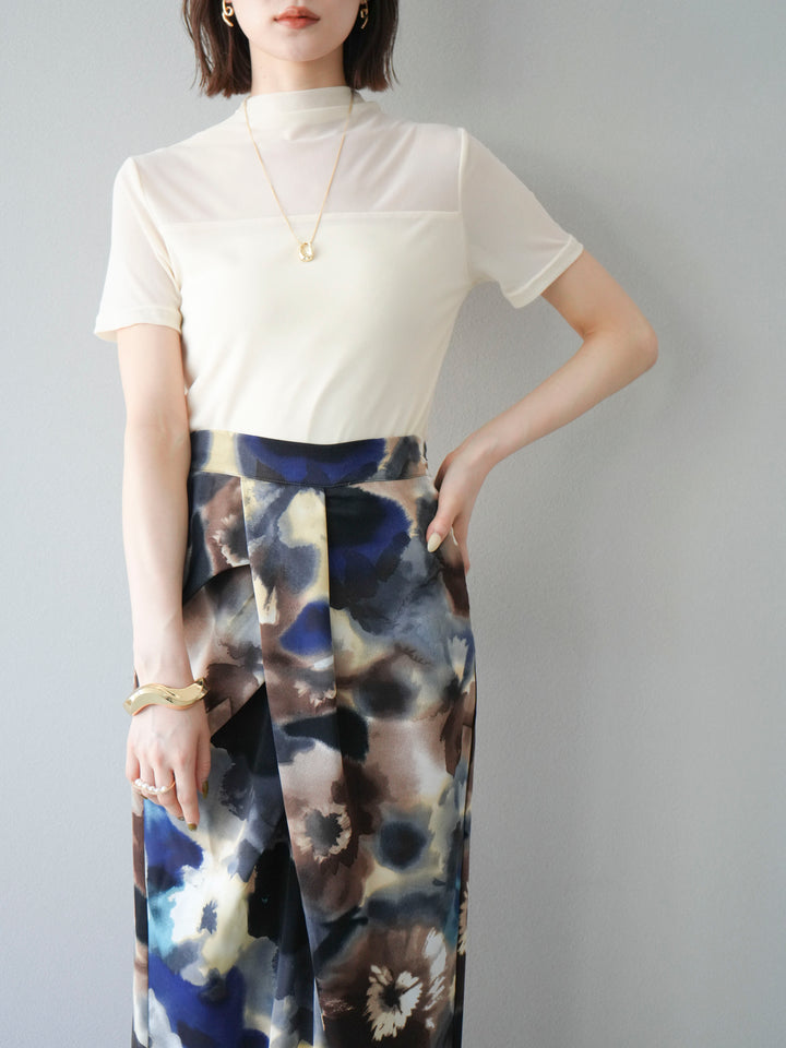 [SET] 透視半袖上衣 + 水彩印花褶襉I字裙 (2set)