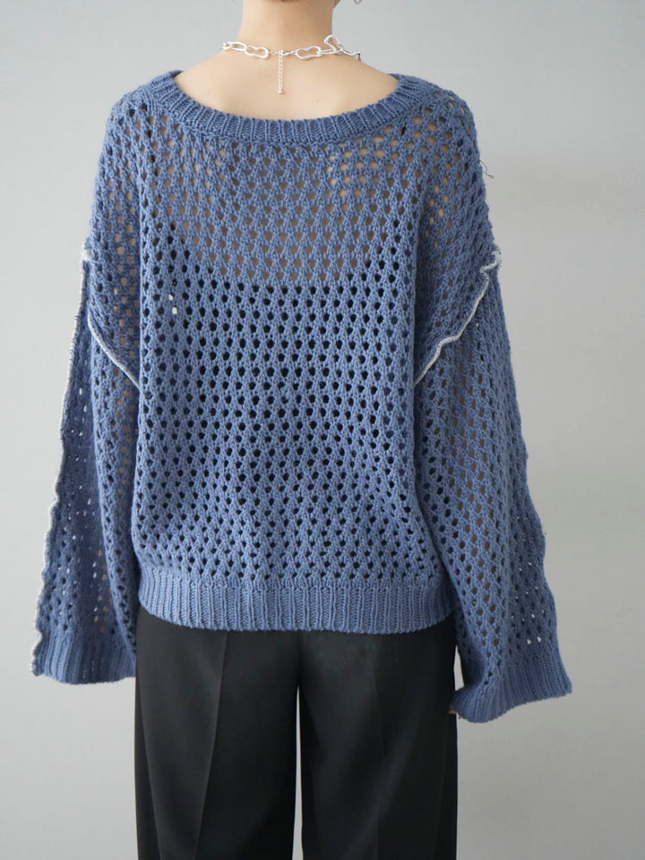 [Pre-order] Color-matched stitch openwork knit pullover/blue
