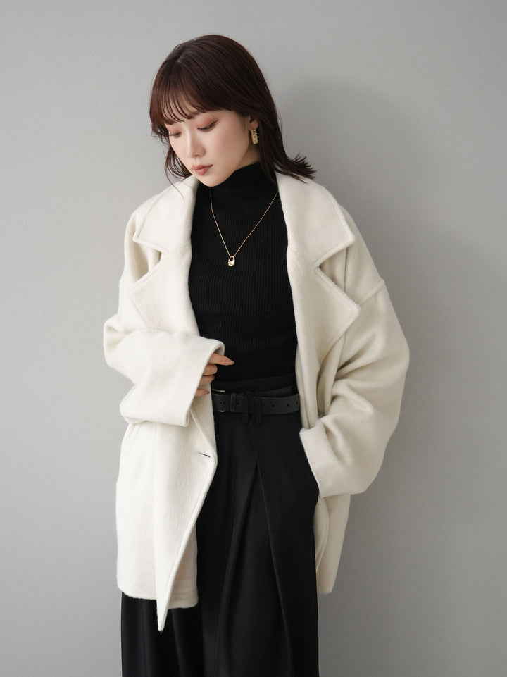 [SET]フェイクビーバーミドルコート+袖ボタンハイネックリブニットトップス+ベルト付ウールタッチワイドパンツL(3set)