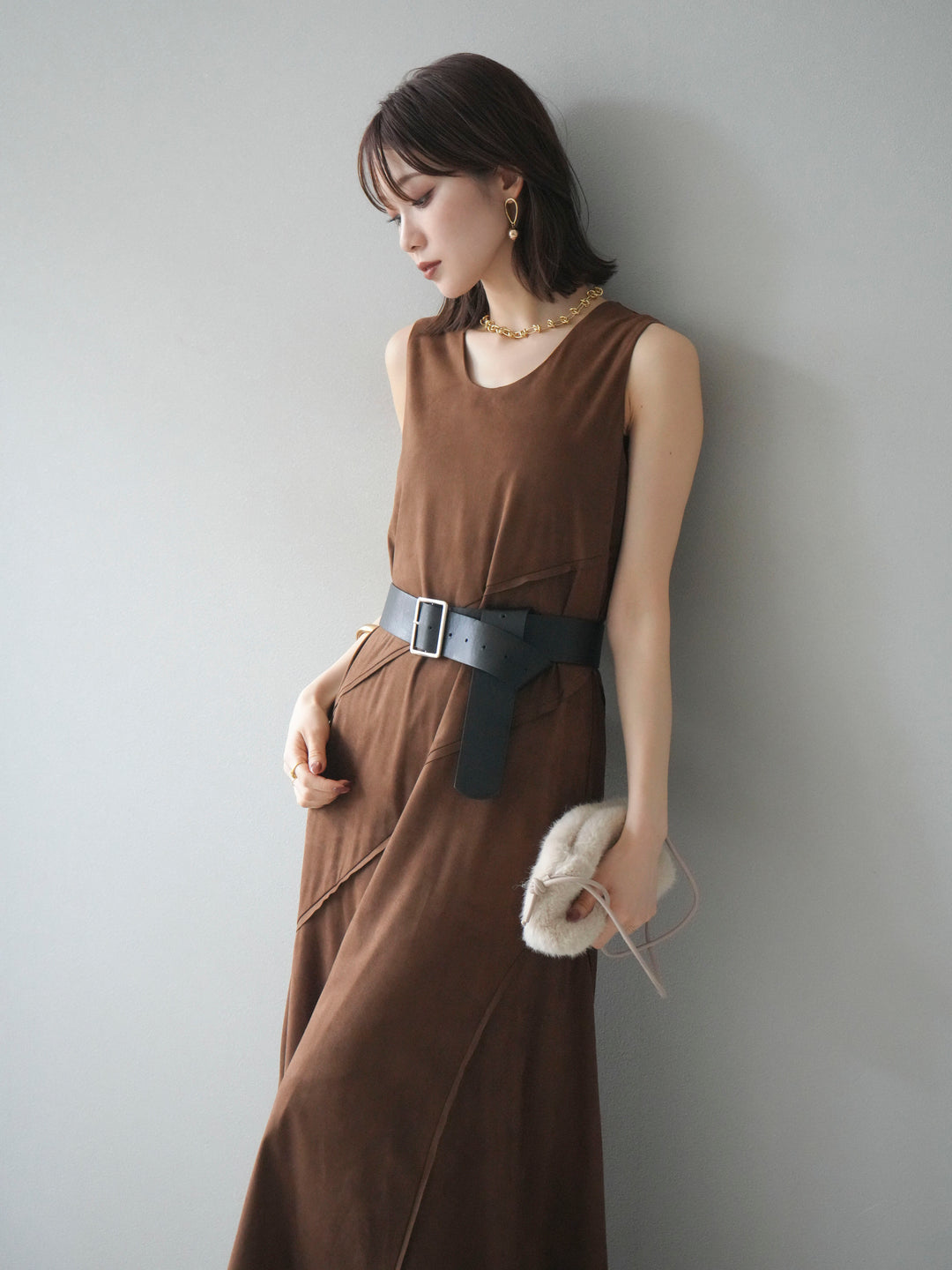 [予約]スエードアウトシームデザインベルト付ワンピース/camel