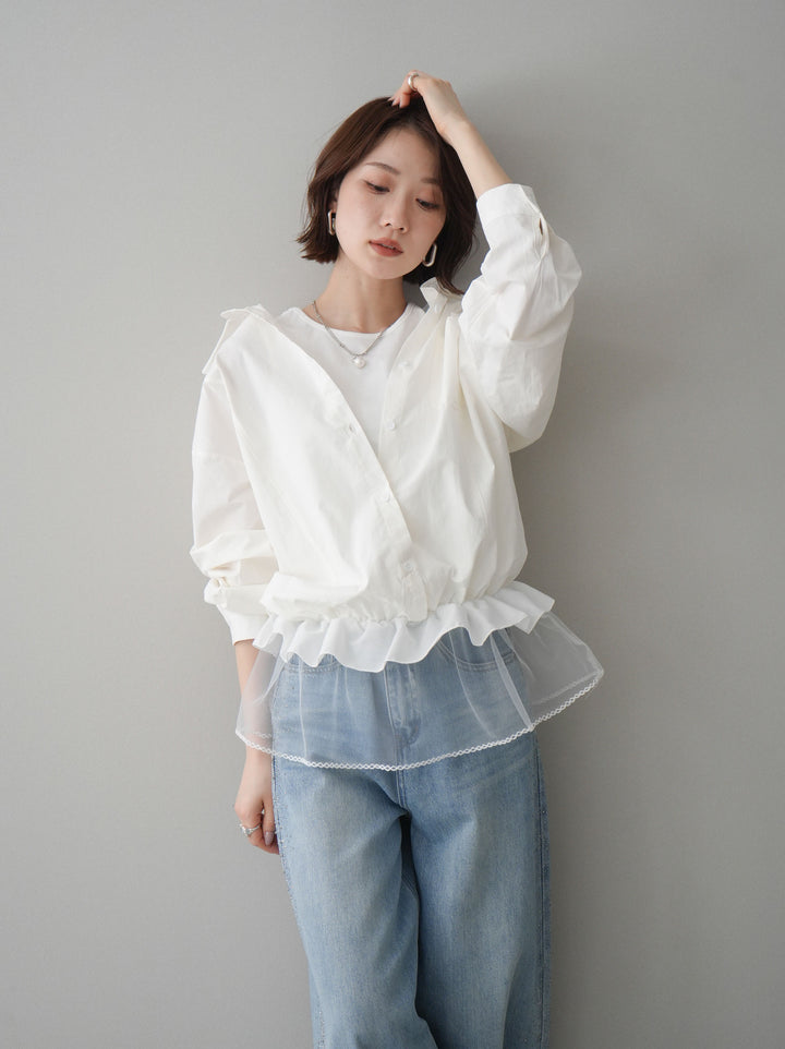 [予約]裾チュールノースリーブカットソー＆シャツドッキングトップス/white