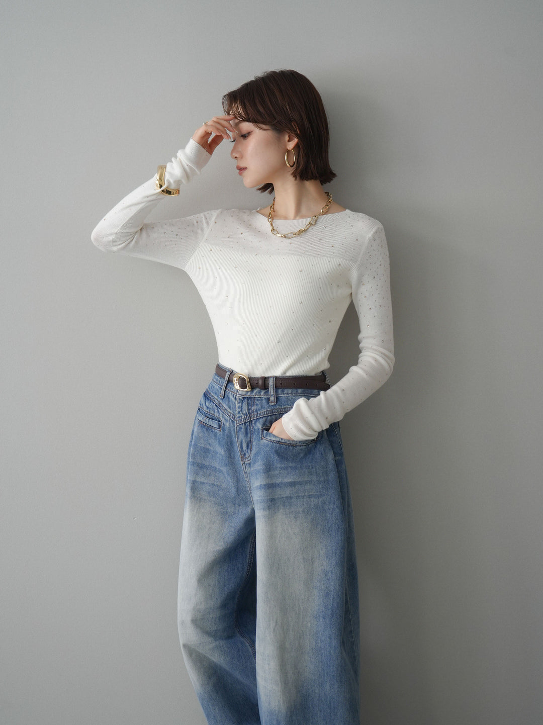 [SET]スパンコールシアーニットトップス+スパンコールシアーニットトップス(2set)