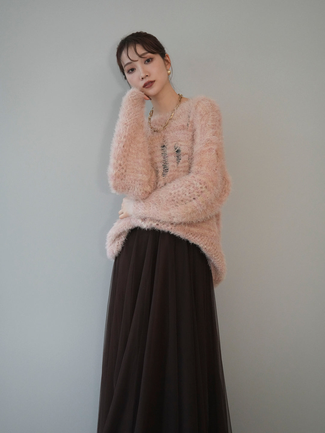 [予約]ミックスシャギールーズニットプルオーバー/pink