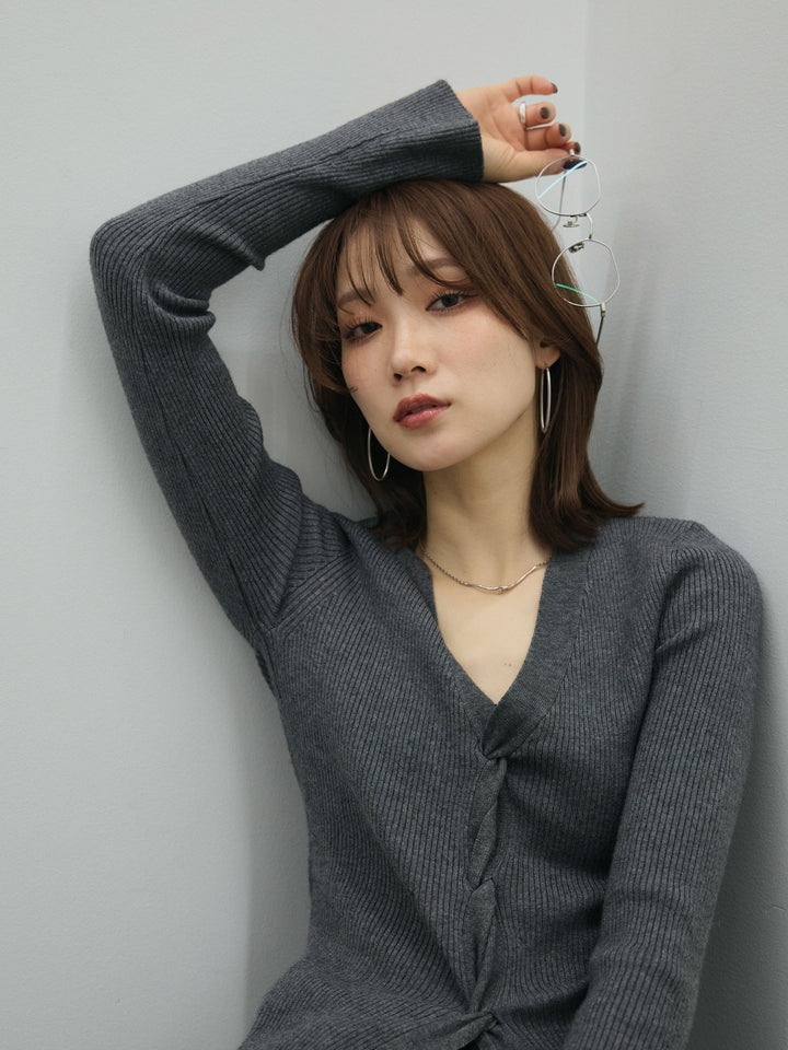 [予約]フロントツイストリブニットトップス/gray