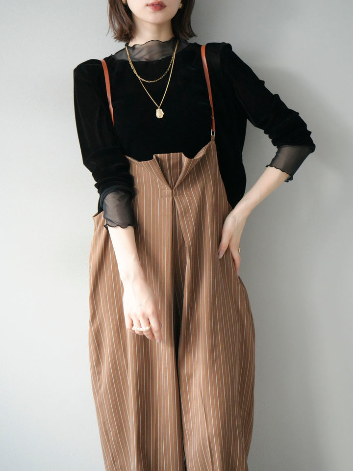 【着回しセット】[SET]ヘリンボーンストライプジレ+シアー切替ベロアトップス+ヘリンボーンストライプサロペット(3set)