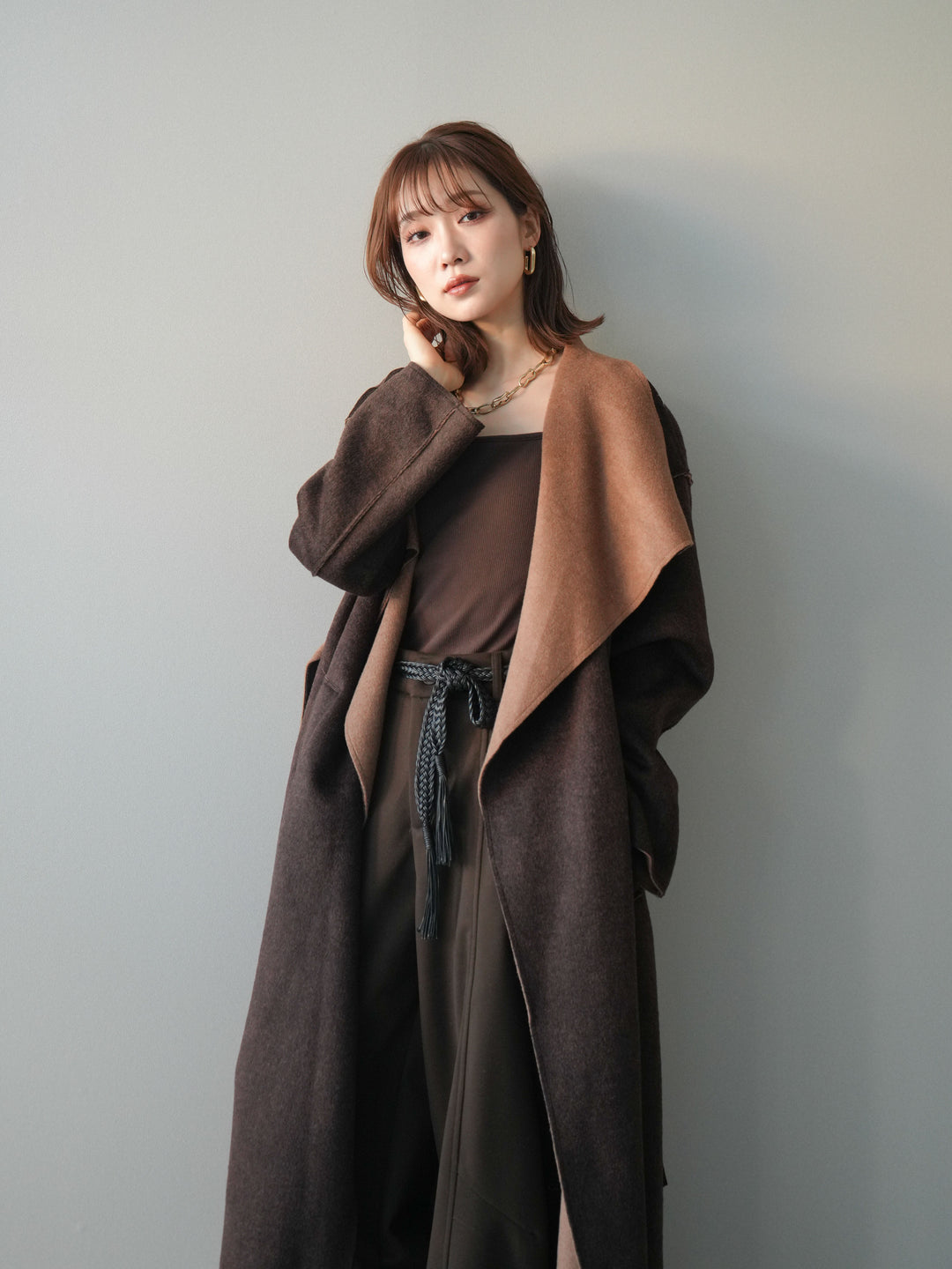 [予約]ダブルフェイスバイカラーロングコート/brown