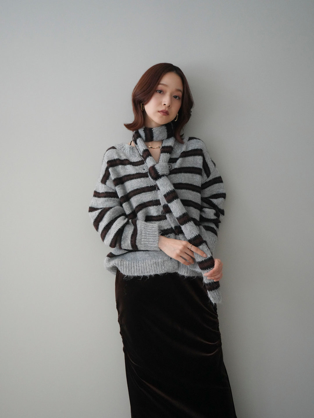 [SET]ボウタイ付きボーダーニットプルオーバー+選べるアクセセット(2set)