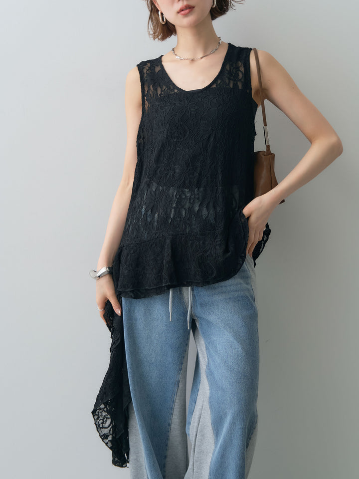 [予約]ラッフルレースアシメペプラムノースリトップス//black