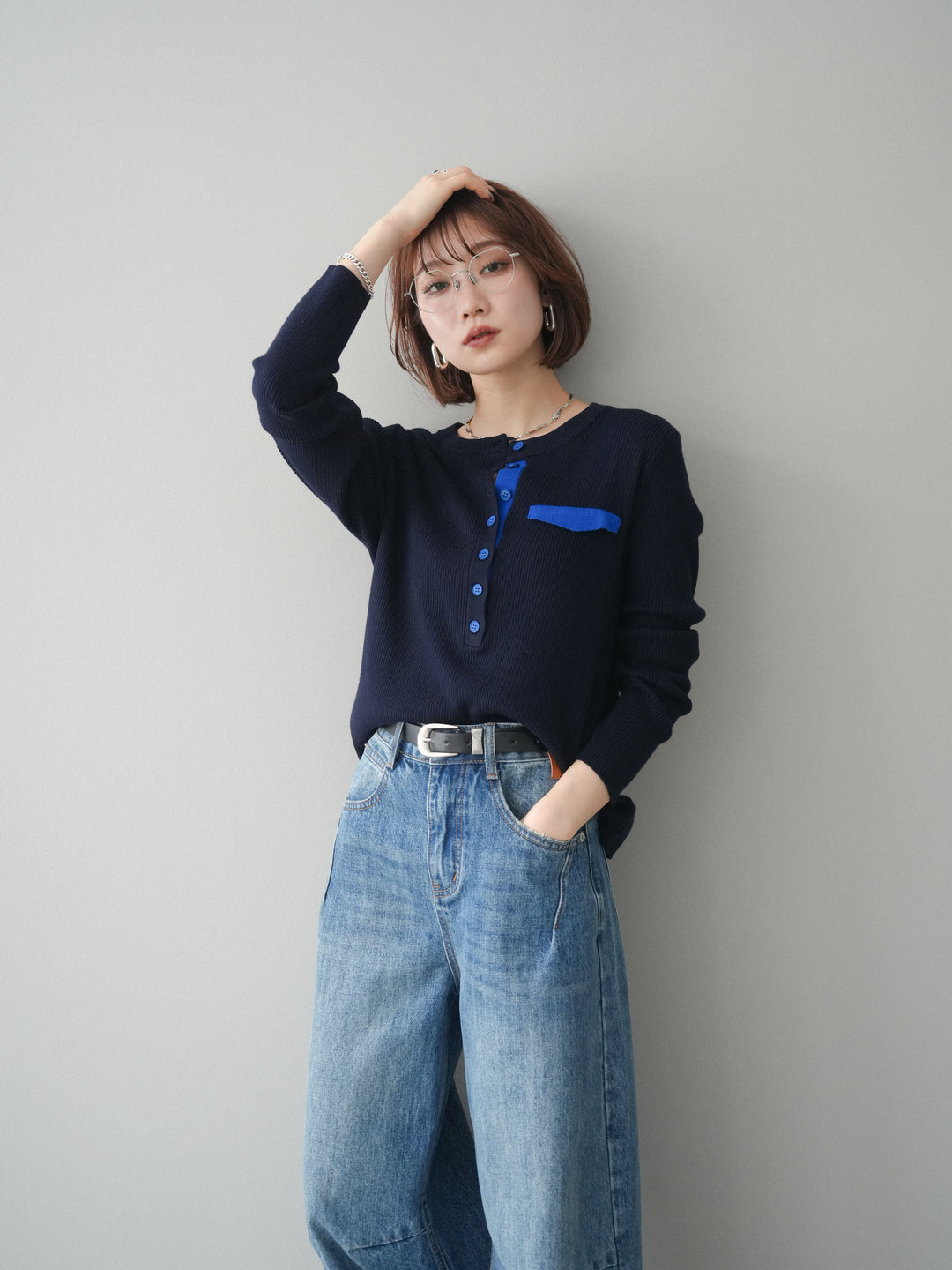 [予約]バイカラーデザインポケット配色ヘンリーネックニットソー/navy
