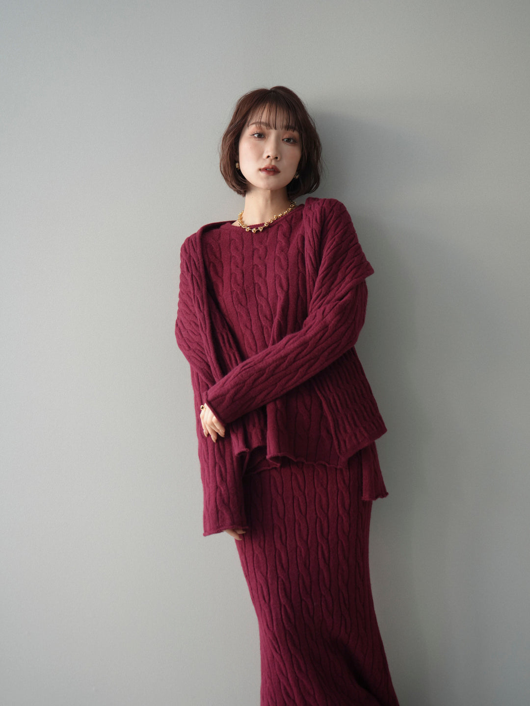 [SET]ストール付ケーブルニットプルオーバー&ロングスカートSET UP+選べるアクセセット(2set)