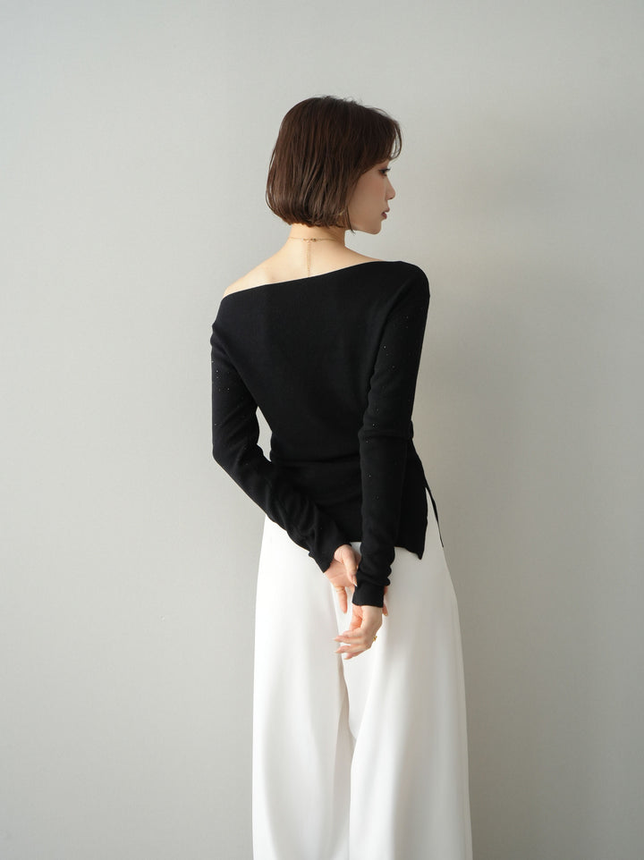 [予約]ラインストーンアシンメトリーニットトップス/black
